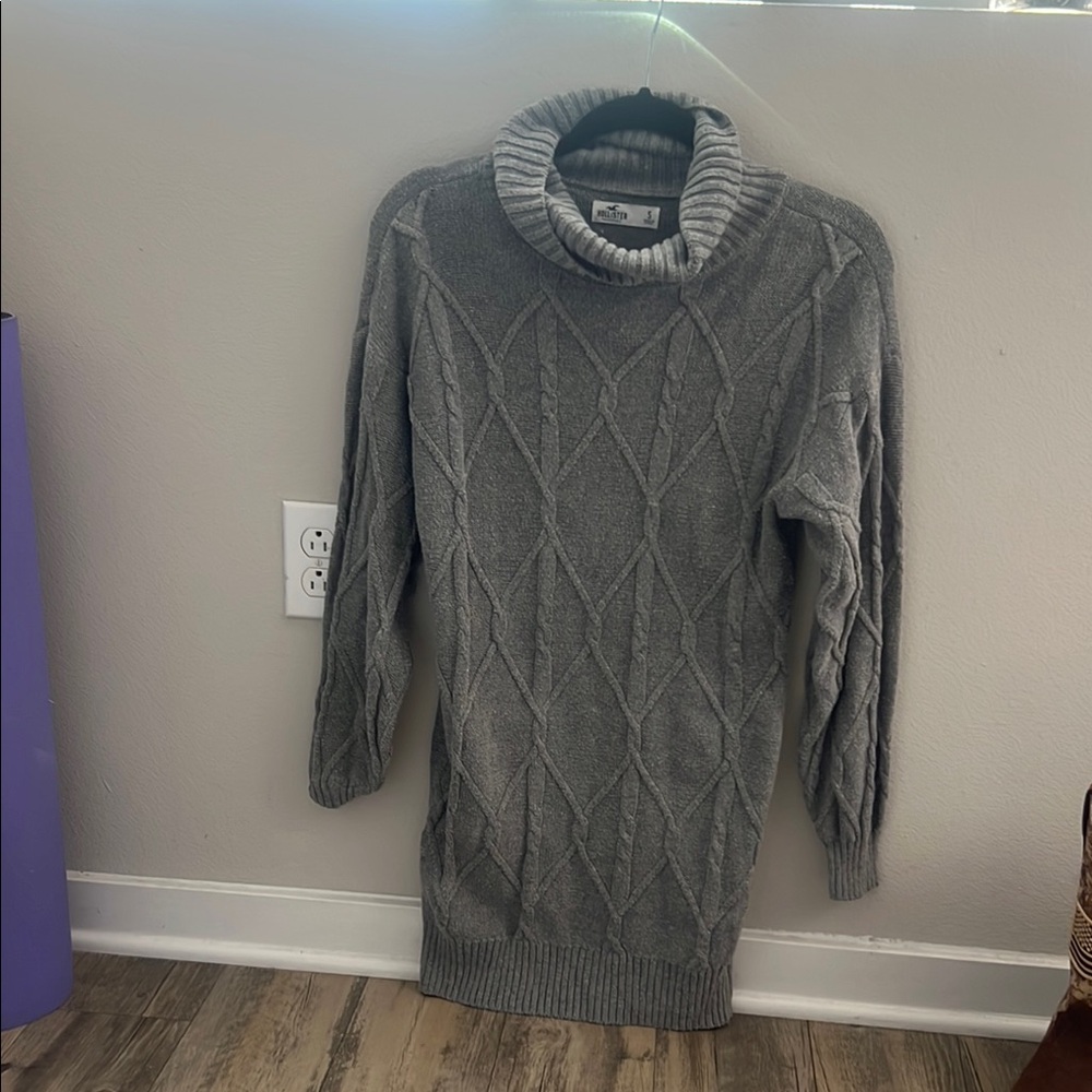 Gray Cable Knit Turtleneck Sweaterdress